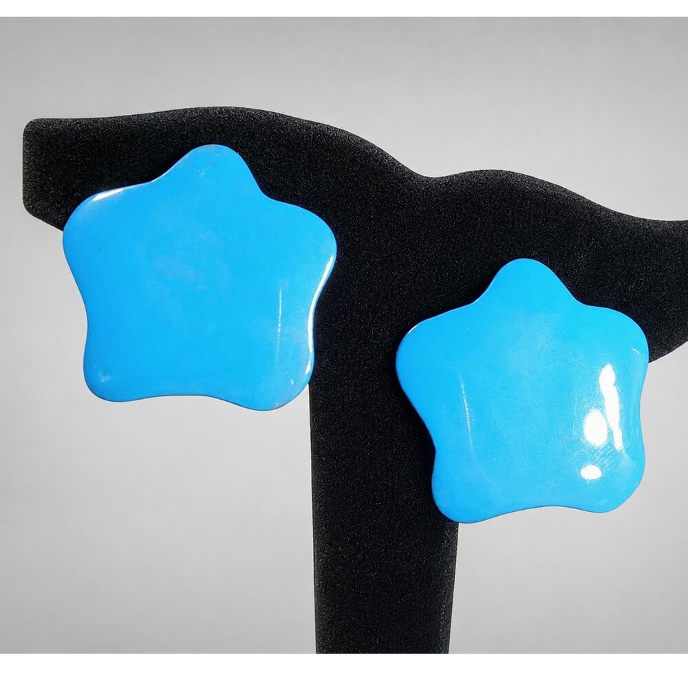 Vintage Star‎ Clip-on Earrings Aqua Blue 1.25" Large Metal